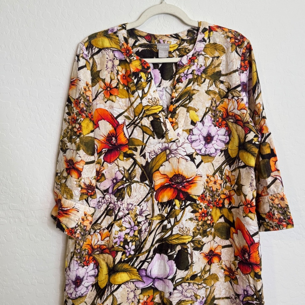 Chicos 100% Linen Dress Large Tan Floral 3/4 Sleeve Boho Coastal Lagenlook - Picture 2 of 10